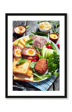 ploughman's lunch on a white platter, top view