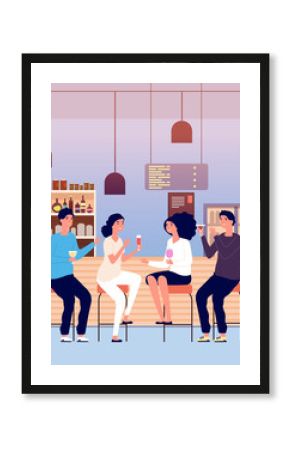 Friends in pub. Men and women drink alcohol shots and make toast. People talking and relaxing in bar vector cartoon concept. Illustration pub drink man and woman