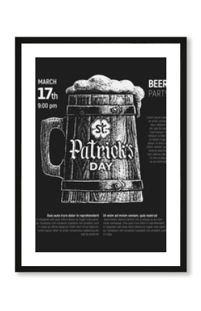 St. Patricks Day written on wooden beer mug. Chalk poster