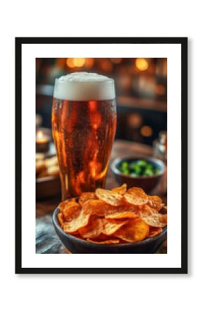 Enjoying cold beer with crispy potato chips in a cozy pub setting during the evening