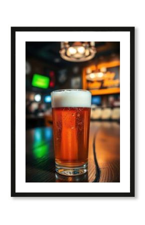 A frosty pint of beer sits on a dark wooden table, bokeh lights blur the pub background, wood, inside, alcohol