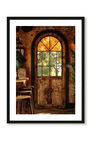 Rustic Bar Interior Wooden Door Stained Glass Sunlight