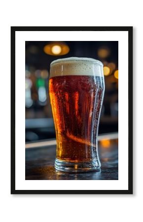Golden pint of ale thick foam head condensation glistening on the glass side lighting highlighting textures dark blurred background for contrast ultra realistic pub atmosphere