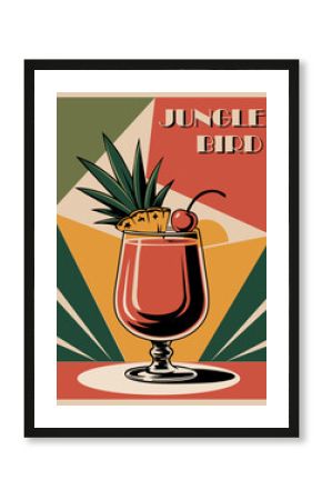 Retro Jungle Bird cocktail poster in mid-century modern style. Vintage drink art print with classic bar aesthetic. Perfect for kitchen, bar, restaurant wall decor