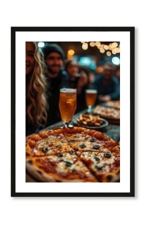 Pizza and beer enjoyed by friends at a casual gathering.  Focus is on delicious food