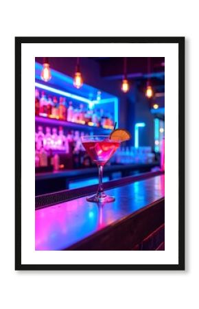 Neon Lit Martini at Bar with Ice and Lemon Slice Cocktail