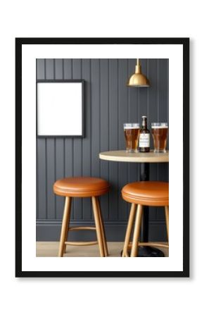 Cozy Pub Interior Two Leather Stools Golden Ale Dark Gray Wood Panel Wall And Blank Frame
