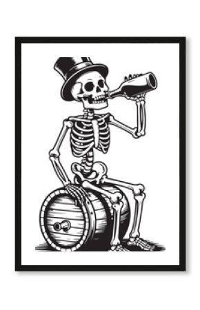 skeleton with top hat drinks beer sitting on wooden barrel in vintage halloween pub themed vector illustration