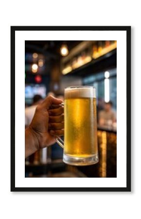 A person holding a frosty mug of beer, a perfect drink in a pub setting. The beer is a golden color with a frothy head, inviting refreshment
