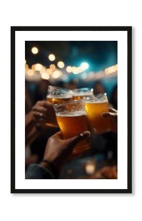 Friends clinking beer glasses at a festive night market