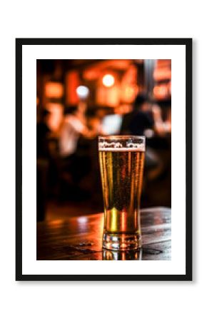 Refreshing glass of golden beer with bubbly foam on wooden table at a bar glows invitingly in warm light
