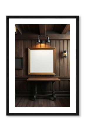 A blank picture frame hanging on the old textured wooden wall in a cosy old english or irish pub Empty room interior design architecture blank design room