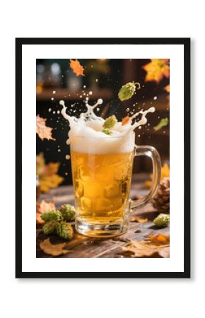 Splashing foamy beer mug with green hops and swirling autumn leaves in cozy bar scene celebrating Oktoberfest with rustic warmth and glowing tones