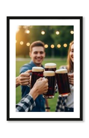 Close-up group of people holding dark beer and cheering in a restaurant. Vertical template party, lifestyle, Happiness and Celebration Concept for advertising bar, pub and brewing beer