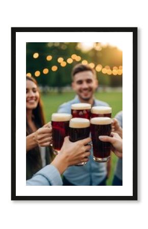 Close-up group of people holding dark beer and cheering in a restaurant. Vertical template party, lifestyle, Happiness and Celebration Concept for advertising bar, pub and brewing beer