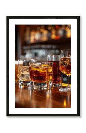 Assorted cocktails on a bar counter with a blurred background.