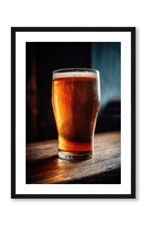 A pint of amber ale sits on a dark wooden bar, condensation clinging to the glass.  The background is blurred, suggesting a dimly lit pub setting