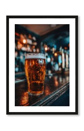 A pint of golden beer sits on a dark wood bar top, softly lit with warm and cool tones, a blurred pub interior in the background suggesting a cozy atmosphere
