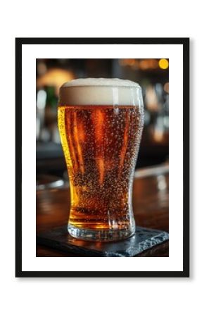 A perfect pint of amber ale with a thick, frothy head sits in a condensation-covered glass on a dark coaster. The refreshing beverage is captured in a cozy, low-lit pub setting