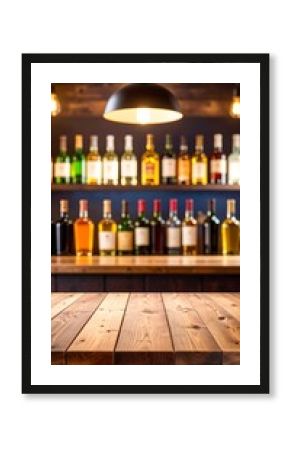 Wooden bar top with bottles behind