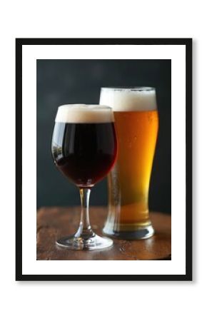 Glass of dark red wine and pint of golden beer with foam sit on rustic wood table. Dark background enhances beverages. Classic still life composition suggests relaxation, indulgence, and celebration.