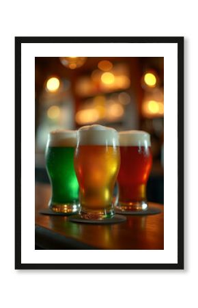 Bazos de cervezas tricolor en tonos verde, dorado y rojo esperan ser bebidos en la barra de una bar.