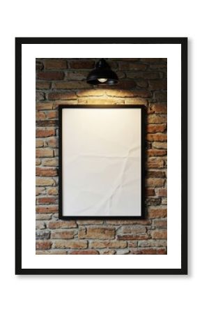 Blank vertical poster in a black frame mockup hanging on an exposed red brick wall, illuminated by a stylish black pendant lamp.