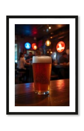 Close-up of a cold pint of amber beer on a polished wooden table in a cozy pub with warm lighting, blurred patrons in the background, and a relaxed, inviting atmosphere perfect for socializing