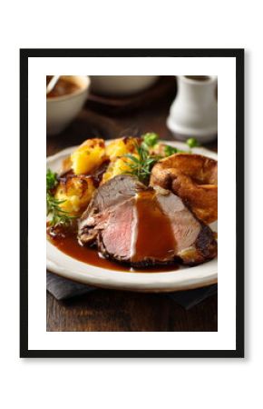 plate of roast beef with Yorkshire pudding and gravy, traditional British dish on white