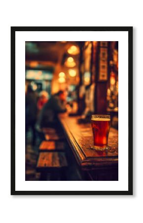 Cozy pub scene with a glass of beer on the wooden counter