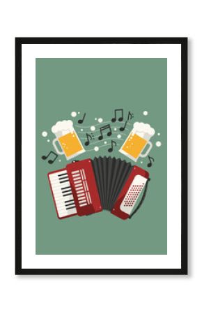 A creative flat design vector illustration showing a vibrant accordion playing, with its musical notes playfully transforming into beer foam, capturing the festive sounds and spirits of Oktoberfest.
