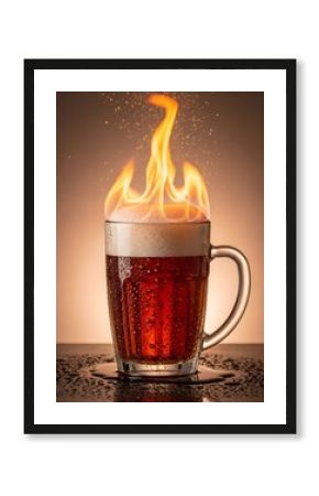 A glass mug filled with dark beer is engulfed in flames, creating a surreal and fiery visual effect against a dark background.