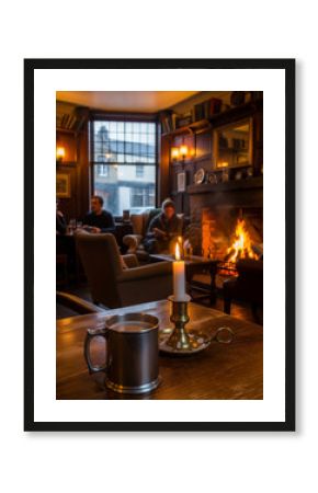 Cozy Pub Interior Fireplace, Candlelit Atmosphere, People Relaxing, Beer Mug on Table, Traditional English Pub, Classic Cozy Scene.