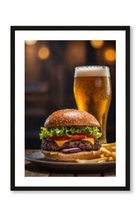 Delicious burger with cheese, lettuce, tomato, and a cold glass of beer