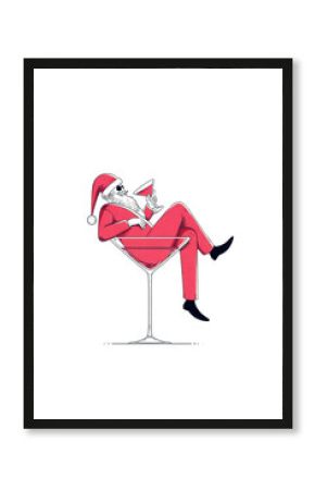 a festive christmas santa relaxing in a champagne glass drinking a cocktail