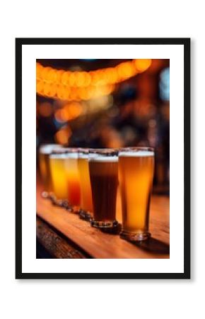 Inviting pub scene six colorful beers lined on a warm wooden bar evoking cozy ambiance
