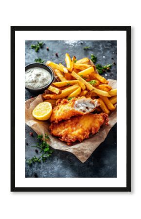 Crispy Fish and Chips with Lemon Wedge and Tartar Sauce – Classic British Pub Food Perfect for Restaurants, Menus, and Marketing Campaigns Featuring Fresh Seafood