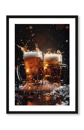 Cheers to the Moment: Two frosty beer mugs collide, sending a burst of golden liquid into the air—a captivating image of friendship, celebration, and pure enjoyment. 