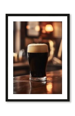 Irish stout with creamy foam on bar counter in a traditional pub with dim lighting.