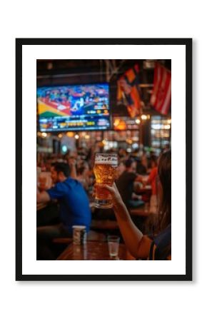 A lively scene in a sports bar with a close-up of a hand holding a glass of beer. In the background, multiple screens show a soccer match while patrons enjoy the vibrant atmosphere.