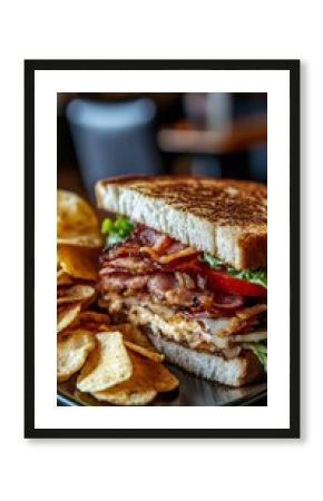 Delicious toasted bacon club sandwich with potato chips on plate