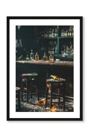 Bar with a lot of bottles and a lot of trash on the floor