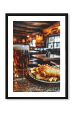 Pint of amber British Ale on rustic pub table with fish and chips, cozy English pub setting.  