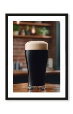 Guinness Stout in Rustic Pub  A thick, dark Guinness with creamy foam head in a dimly lit pub setting, adding depth with wooden tables and rustic decor.