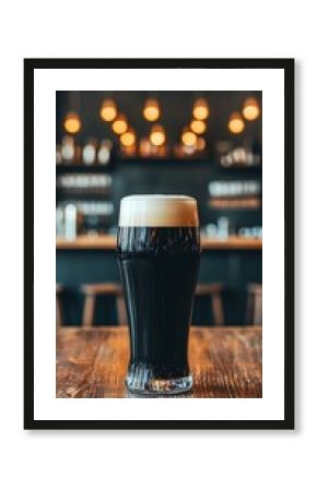 Guinness Stout in Rustic Pub  A thick, dark Guinness with creamy foam head in a dimly lit pub setting, adding depth with wooden tables and rustic decor.