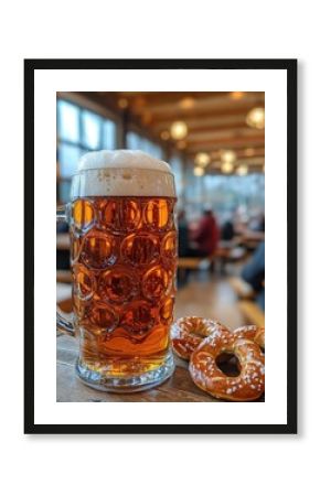 Tall mug of German beer with foam head on rustic table in Bavarian beer hall with festive crowd.  