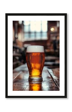Glass of Cold, Refreshing Beer on a Rustic Wooden Table in a Warmly Lit Brewery Setting