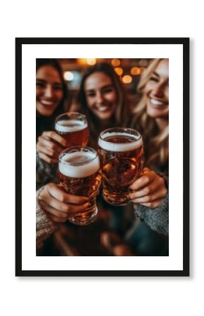 Cheerful female friends clinking beer glasses at a lively pub party