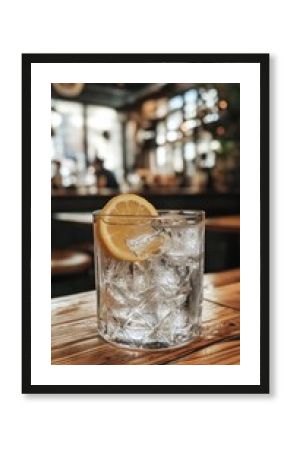 Refreshing Gin and Tonic: A crystal-clear glass of gin and tonic, garnished with a vibrant lemon wedge, rests on a rustic wooden bar top. The blurry background hints at a lively.