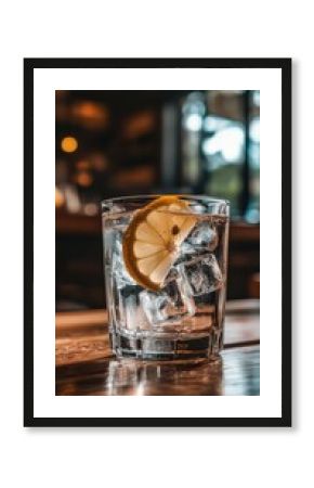 Gin and Tonic: A refreshing gin and tonic with ice and a lemon wedge sits on a wooden bar top, ready to be enjoyed, with a warm and inviting ambiance in the background.